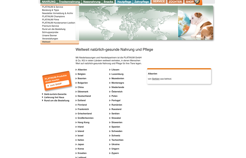 PLATINUM natürliches Futter und Pflege im weltweiten Direktvertrieb. (screen von der Seite weltweit)