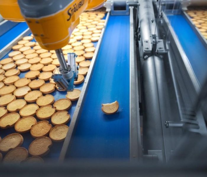 Der Roboter kann bis zu 80 Zwiebackscheiben pro Minute aussortieren (Foto: Stäubli Tec-Systems GmbH Robotics)